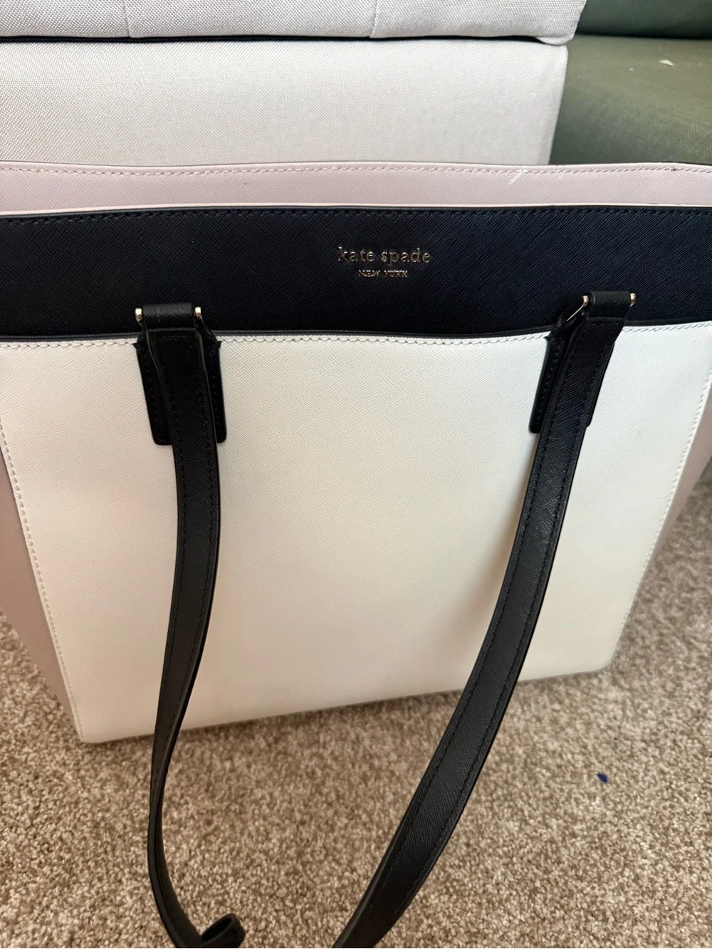 kate spade Colorblock Saffiano Leather Tote in Black, White & Blush